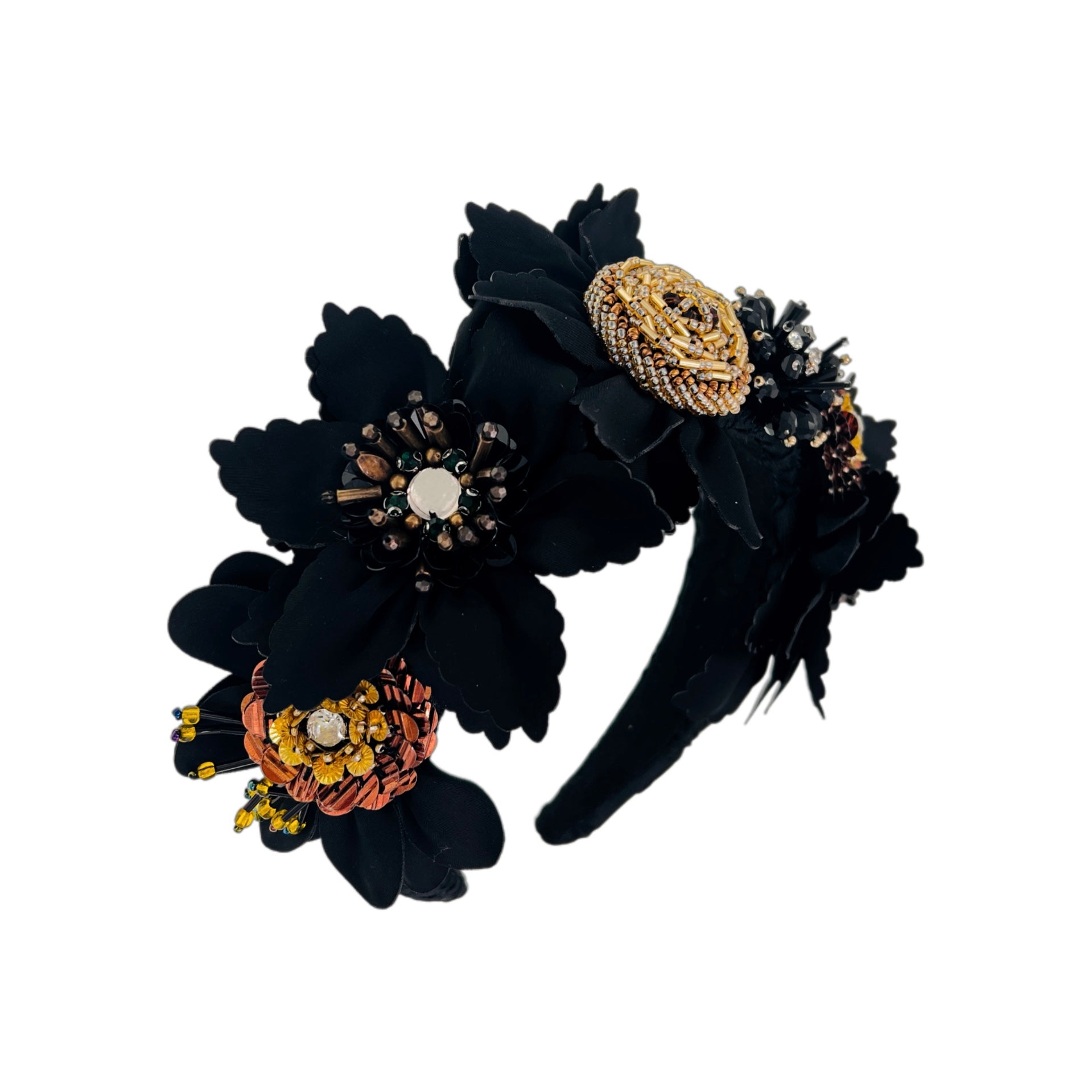 80. Black Tux Floral Multi Stone Embellished Headband‎ Twine and Love | Mexican Floral Beaded Knot Headband  main image 2