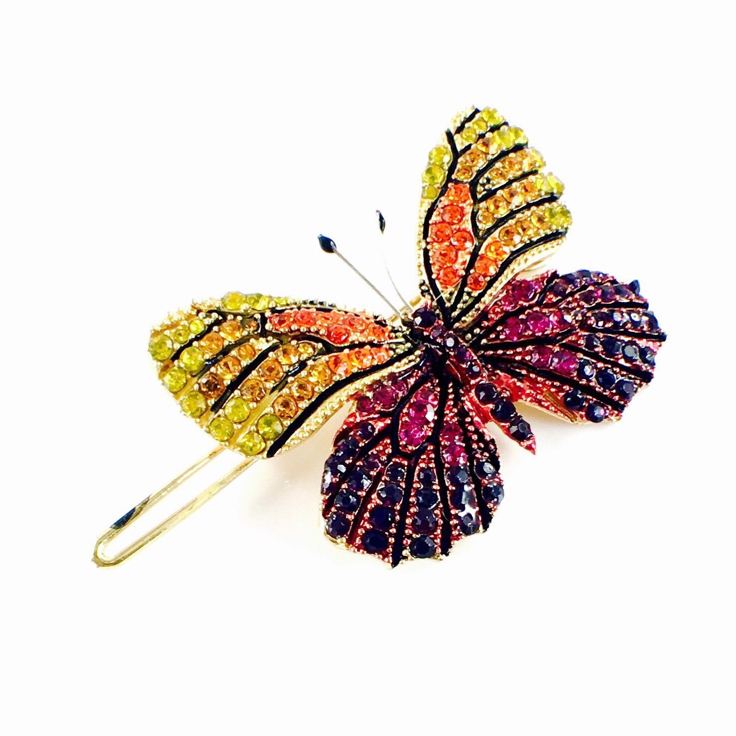 Fairy Butterfly Hair Clip Swarovski Crystal gold base multi colors Yellow Orange Fuchsia Purple, Hair Clip - MOGHANT