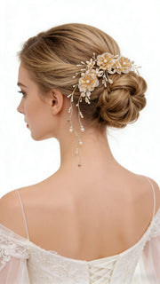 Elysian Handwoven Golden Tassel Floral Cascade Bridal Hair Clip - MOGHANT