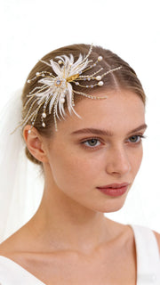 Elysian Handwoven Pearl Feather Radiance Bridal Hair Clip - MOGHANT