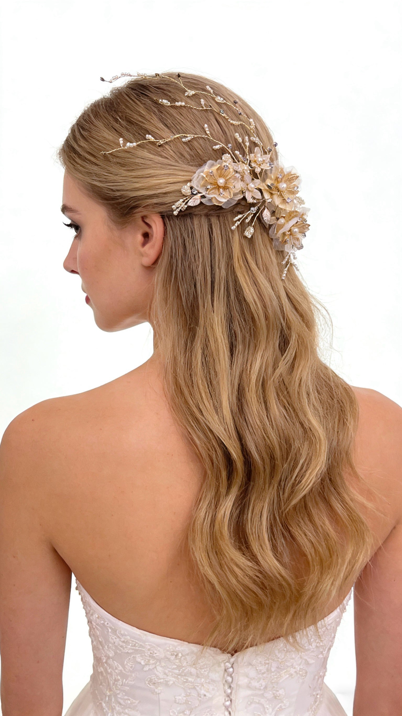 Elysian Handwoven Golden Tassel Floral Cascade Bridal Hair Clip - MOGHANT