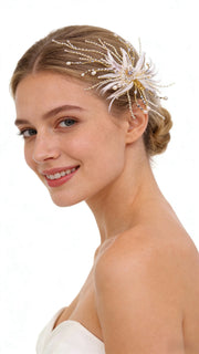 Elysian Handwoven Pearl Feather Radiance Bridal Hair Clip - MOGHANT