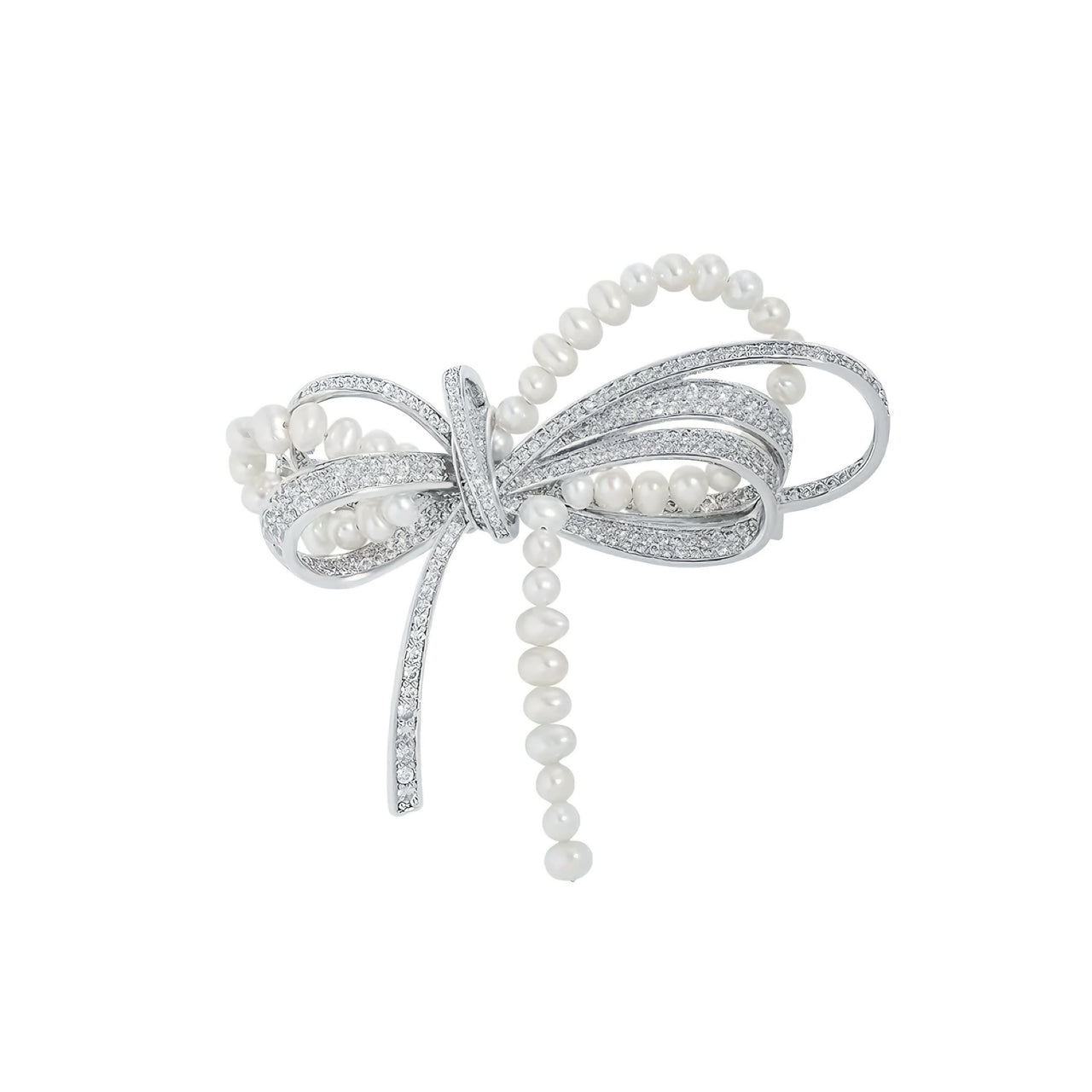 Étreinte Bow Brooch in Platinum, Pearl & Cubic Zirconia
