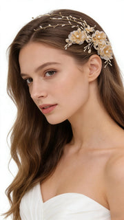 Elysian Handwoven Golden Tassel Floral Cascade Bridal Hair Clip - MOGHANT