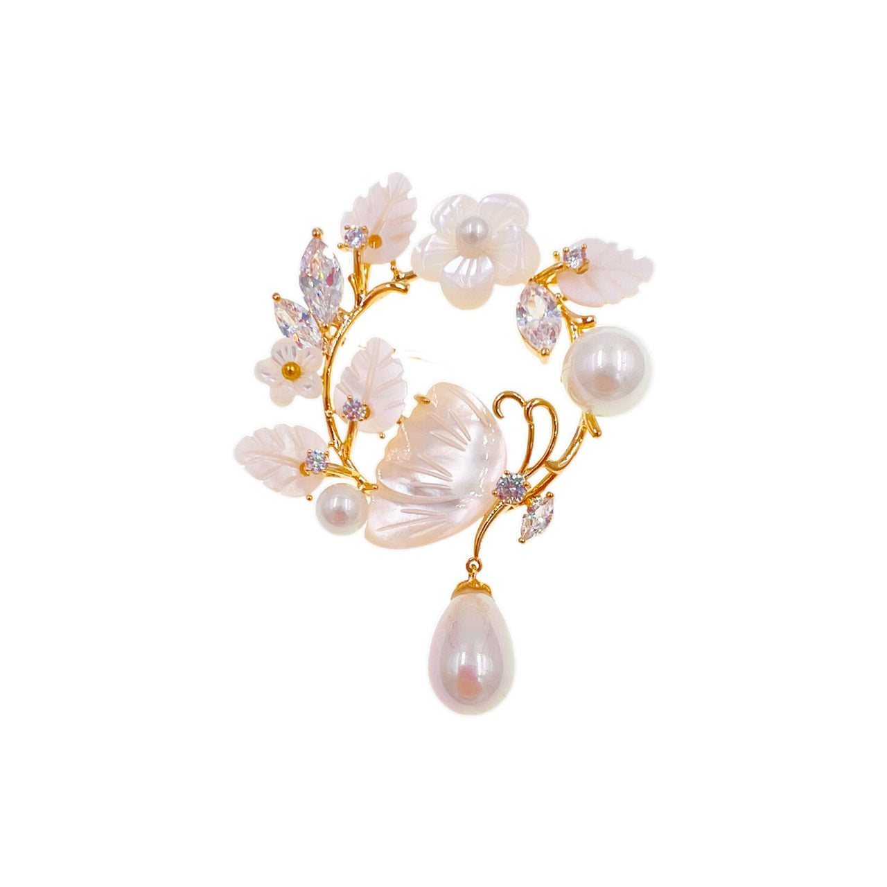 Papillon Pearl—Butterfly & Blossom Brooch in Shell and Pearl