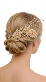 Elysian Handwoven Golden Tassel Floral Cascade Bridal Hair Clip - MOGHANT