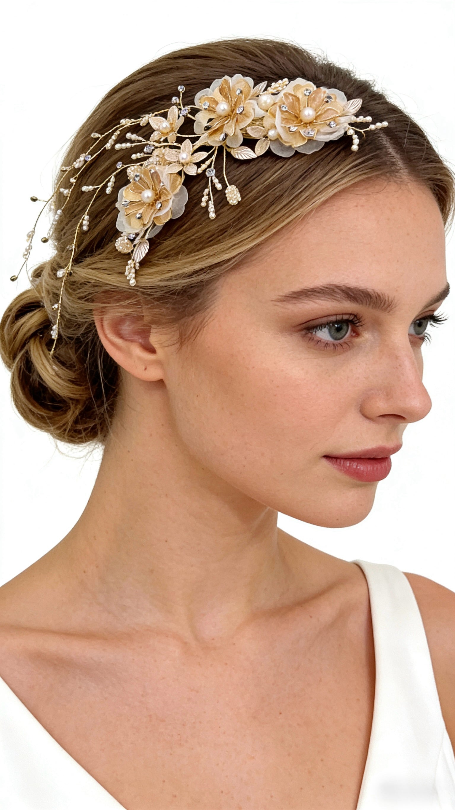 Elysian Handwoven Golden Tassel Floral Cascade Bridal Hair Clip - MOGHANT