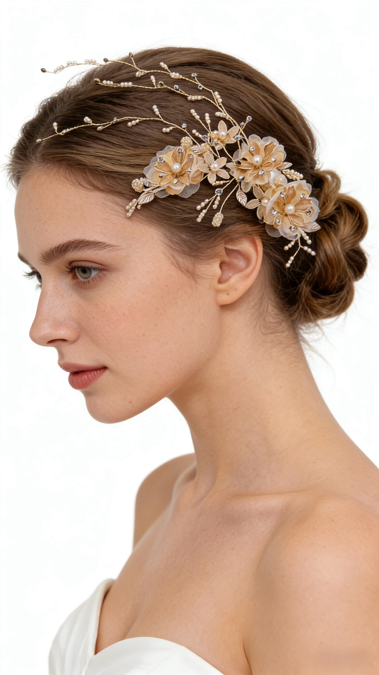 Elysian Handwoven Golden Tassel Floral Cascade Bridal Hair Clip - MOGHANT