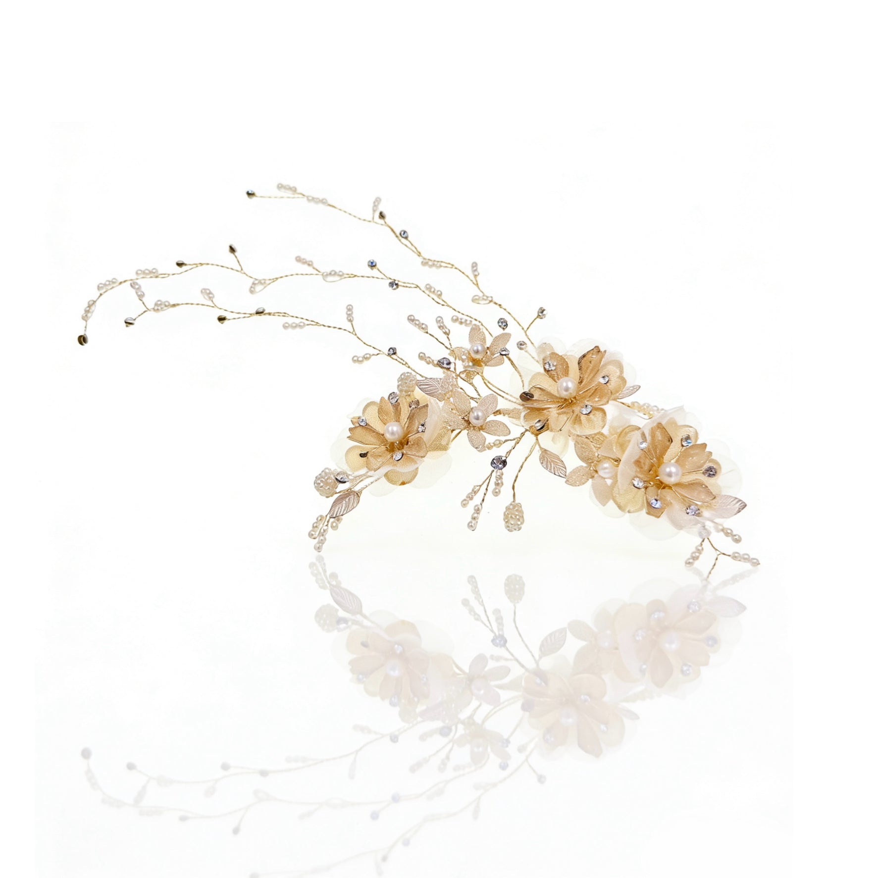 Elysian Handwoven Golden Tassel Floral Cascade Bridal Hair Clip - MOGHANT