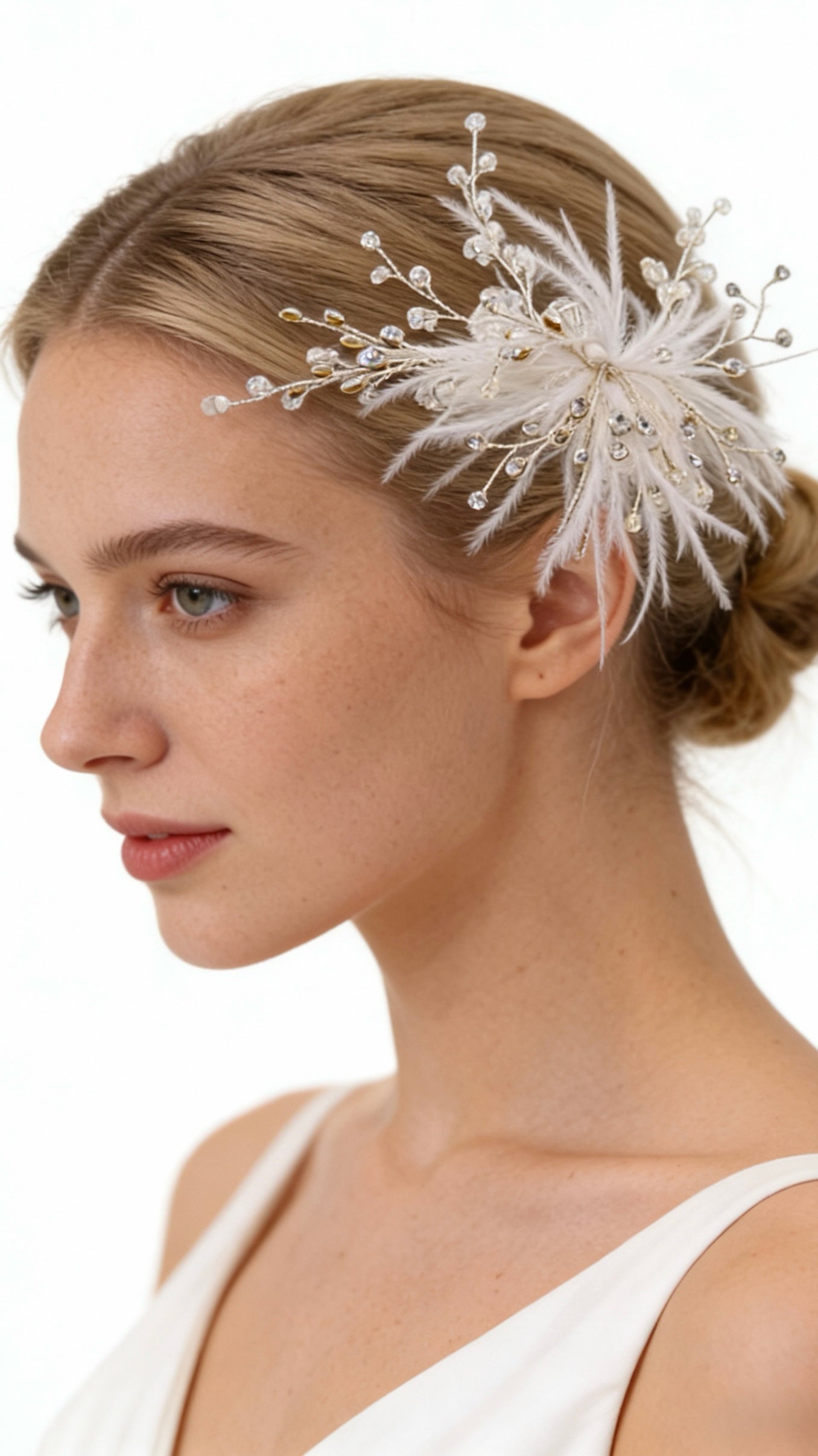 Elysian Handwoven Ostrich Feather Crystal Whisper Bridal Hair Clip - MOGHANT