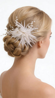 Elysian Handwoven Ostrich Feather Crystal Whisper Bridal Hair Clip - MOGHANT