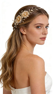 Elysian Handwoven Golden Tassel Floral Cascade Bridal Hair Clip - MOGHANT