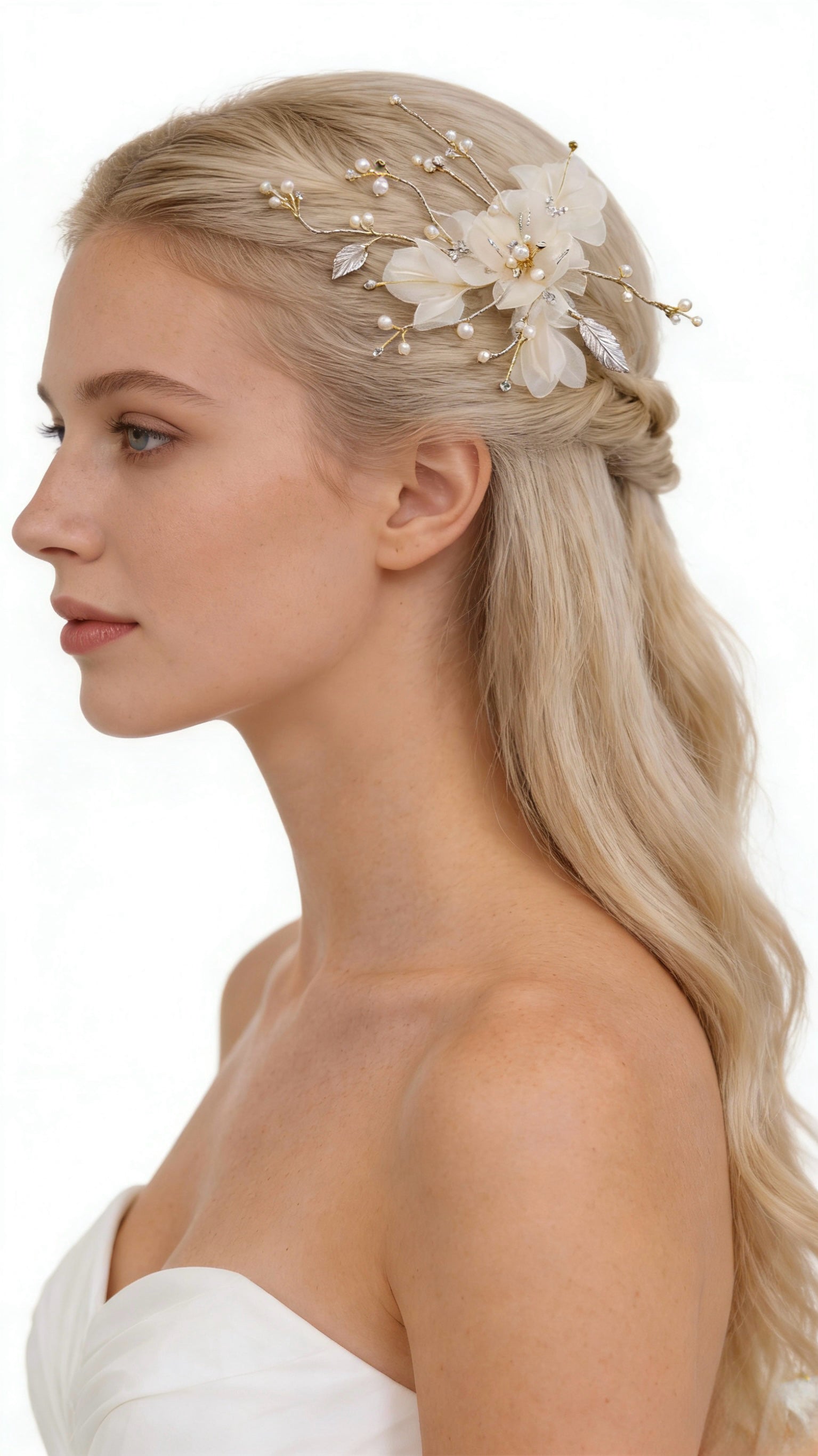Elysian Handwoven Textured Floral Pearl Whisper Bridal Hair Clip - MOGHANT