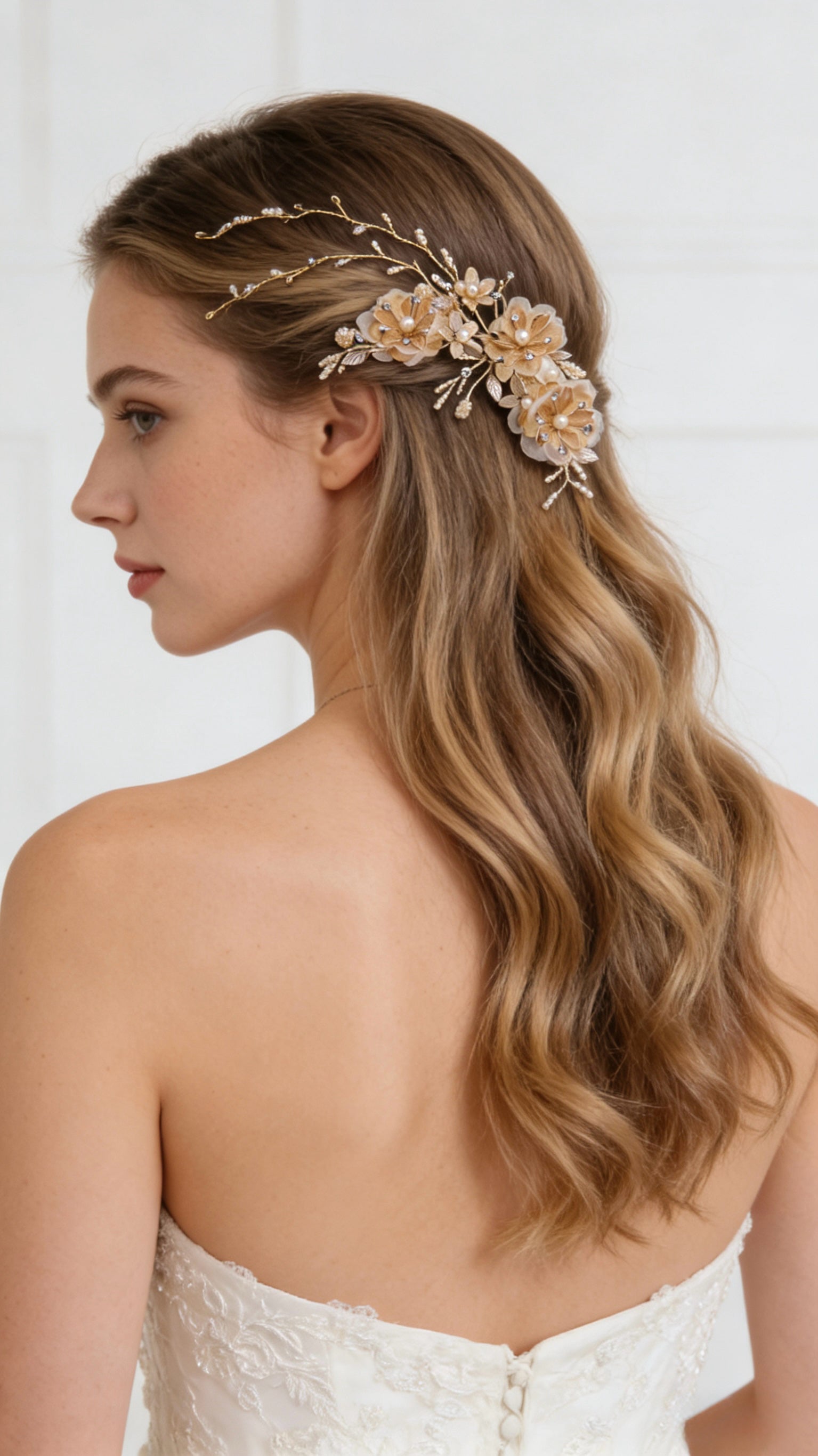 Elysian Handwoven Golden Tassel Floral Cascade Bridal Hair Clip - MOGHANT