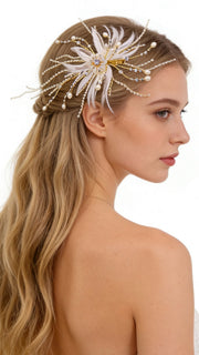 Elysian Handwoven Pearl Feather Radiance Bridal Hair Clip - MOGHANT
