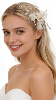 Elysian Handwoven Textured Floral Pearl Whisper Bridal Hair Clip - MOGHANT