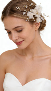 Elysian Handwoven Textured Floral Pearl Whisper Bridal Hair Clip - MOGHANT
