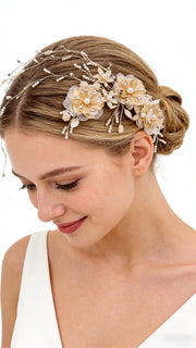 Elysian Handwoven Golden Tassel Floral Cascade Bridal Hair Clip - MOGHANT