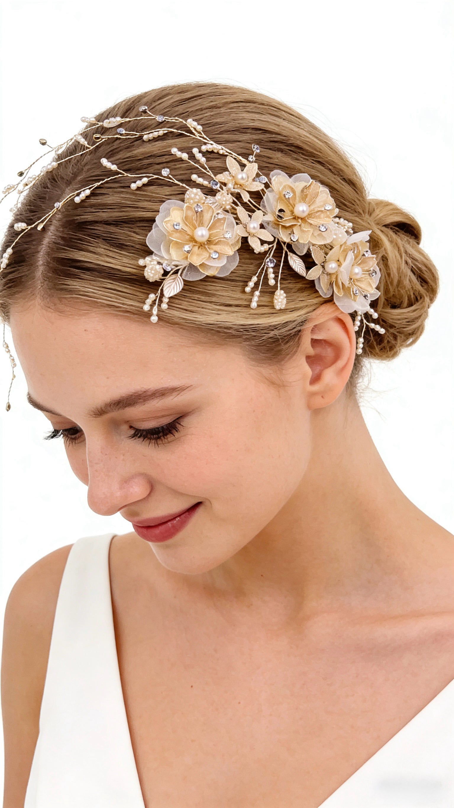 Elysian Handwoven Golden Tassel Floral Cascade Bridal Hair Clip - MOGHANT