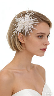 Elysian Handwoven Ostrich Feather Crystal Whisper Bridal Hair Clip - MOGHANT