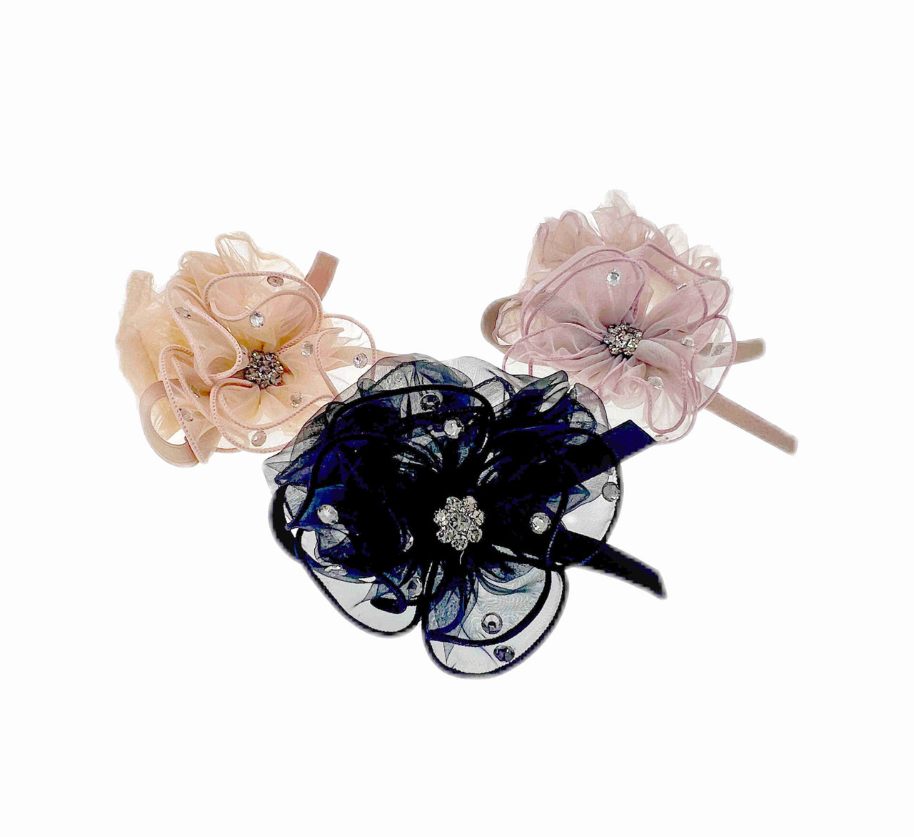 Khushi Golla French Handmade Flower Fabric Scrunchie Hair Rope Tie Ponytail Holder Czech Crystals E41