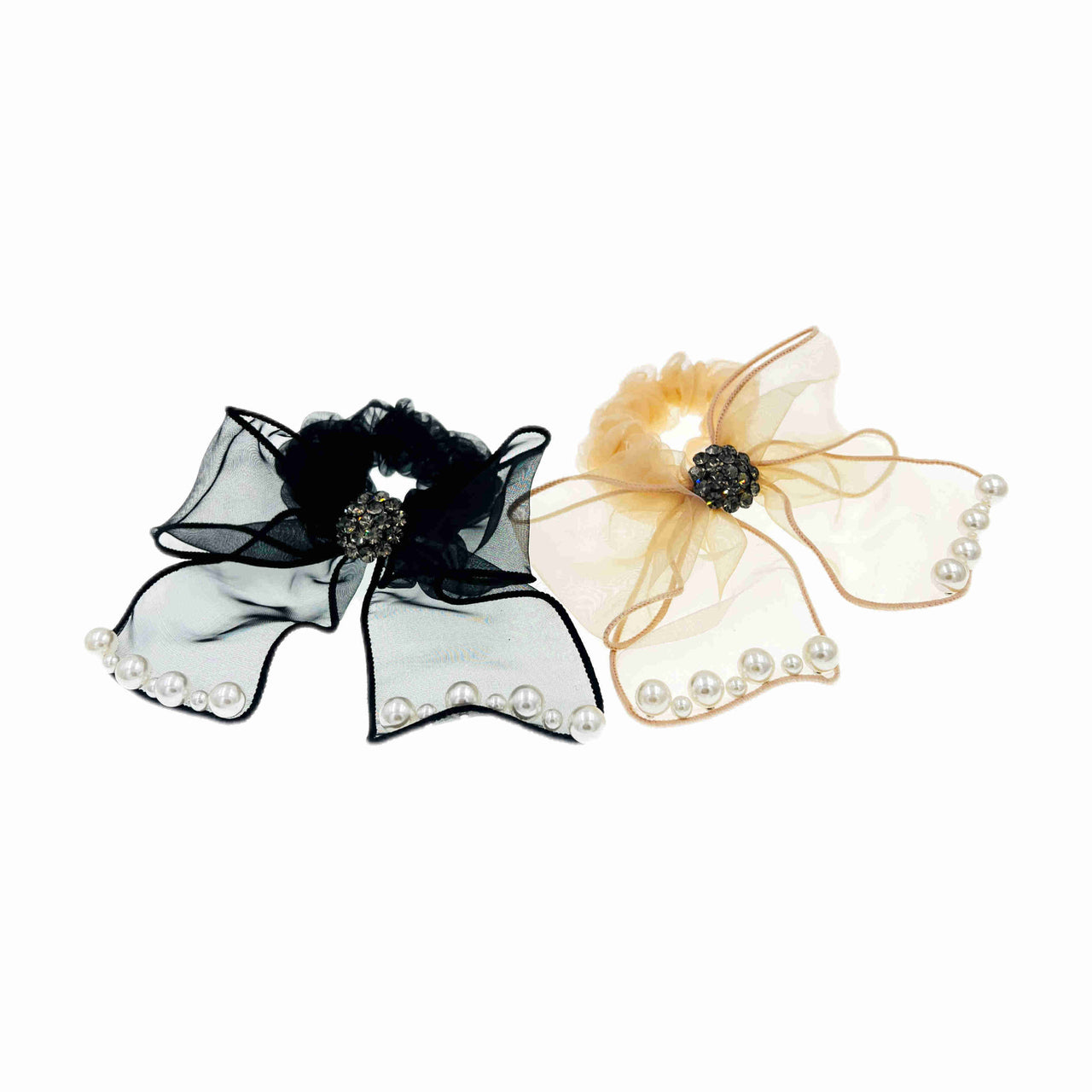 Suzette Bouchard Handmade Fabric Bow Scrunchie Ponytail Holder Hair Rope Tie Austrian Crystal Pearl  E15