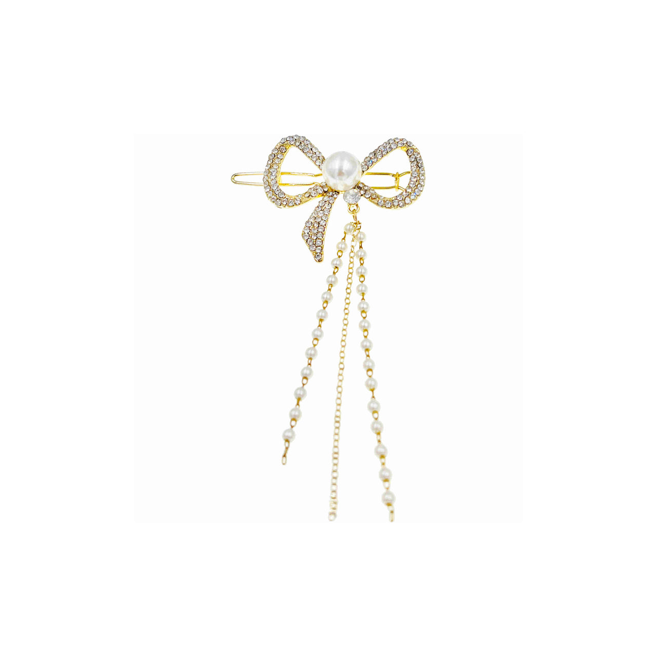 Amorette Fabien Gold Pearl Bow Dangle Drop Hair Clip Cubic Zirconia Crystals D13