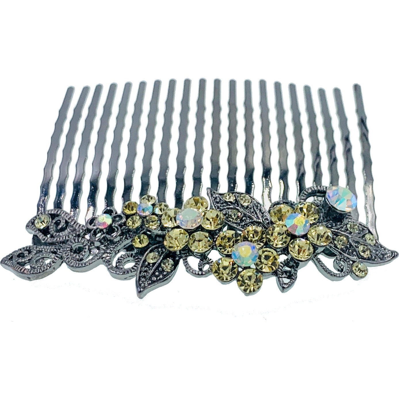 Annette Flowers Hair Comb Rhinestone Crystal Metallic Black base, Hair Comb - MOGHANT