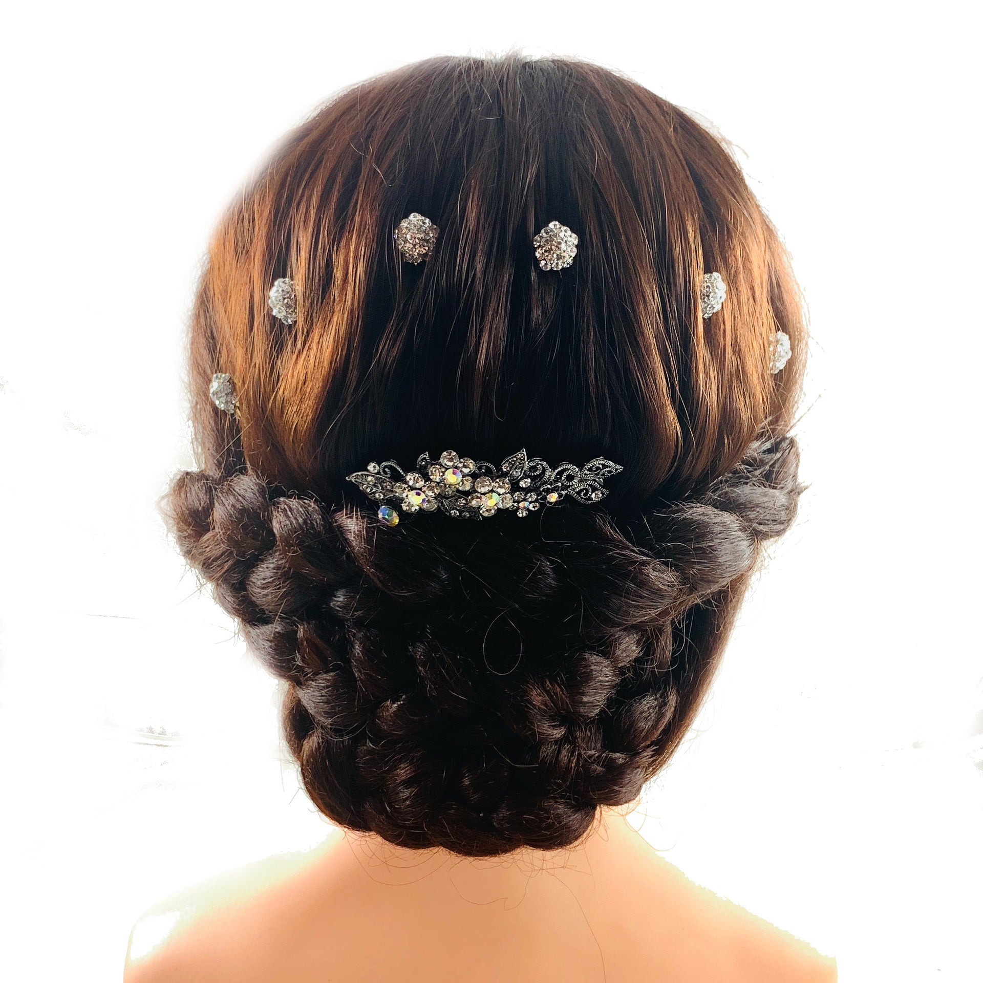 Annette Flowers Hair Comb Rhinestone Crystal Metallic Black base, Hair Comb - MOGHANT