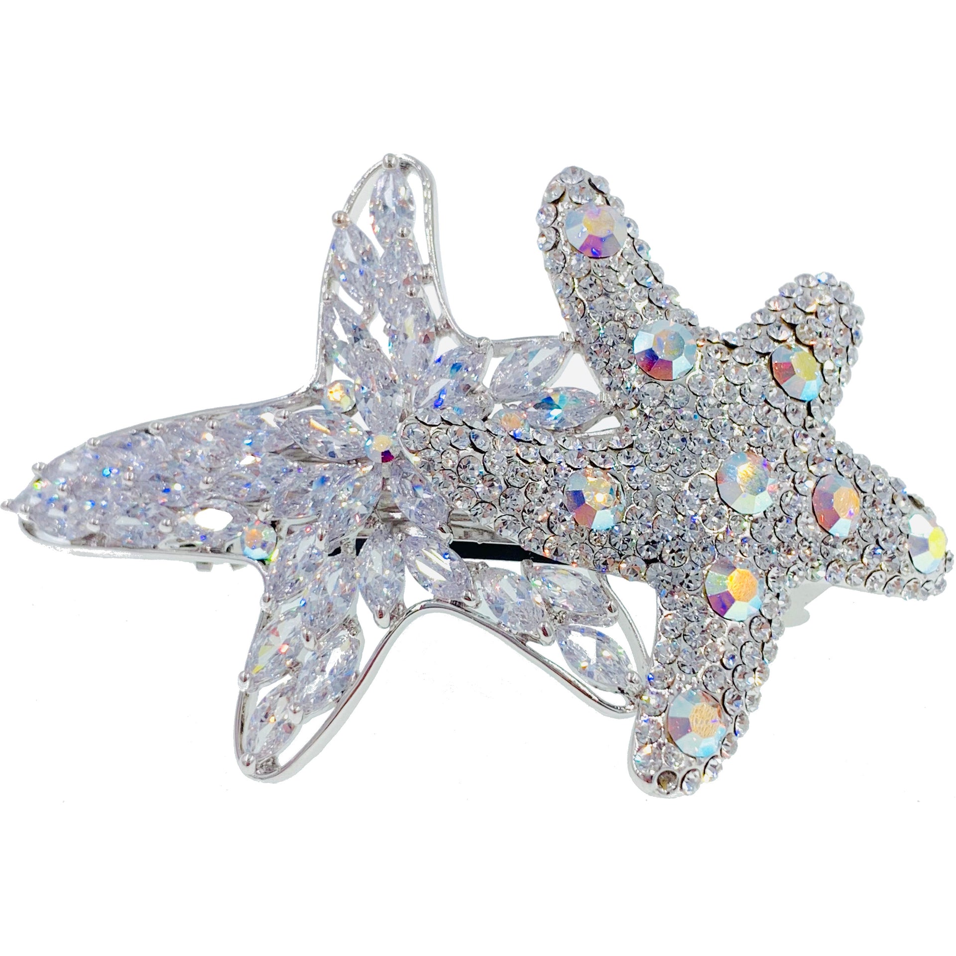 Asterina Duo Starfish Sea Star Barrette use Swarovski Crystal silver base, Barrette - MOGHANT