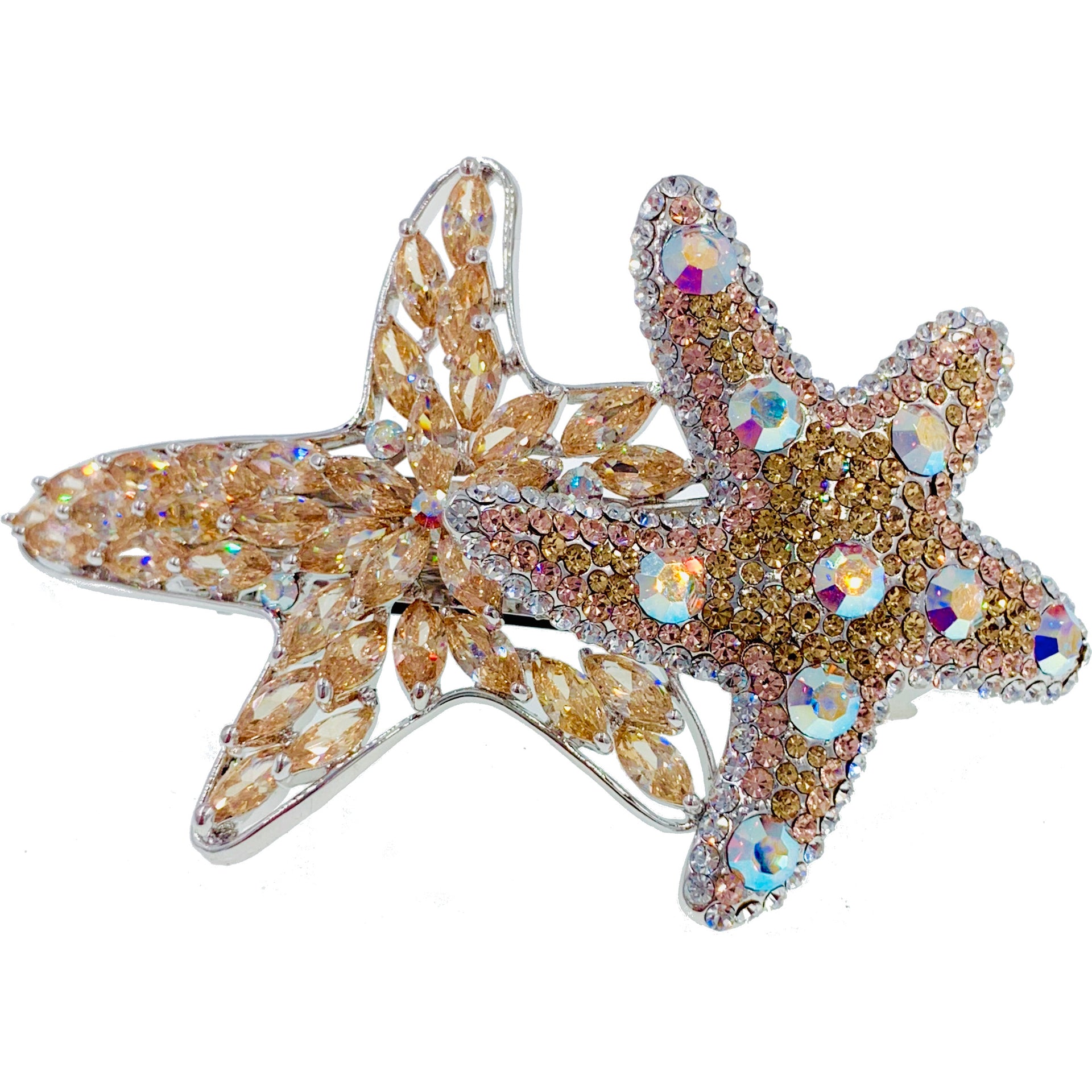 Asterina Duo Starfish Sea Star Barrette use Swarovski Crystal silver base, Barrette - MOGHANT