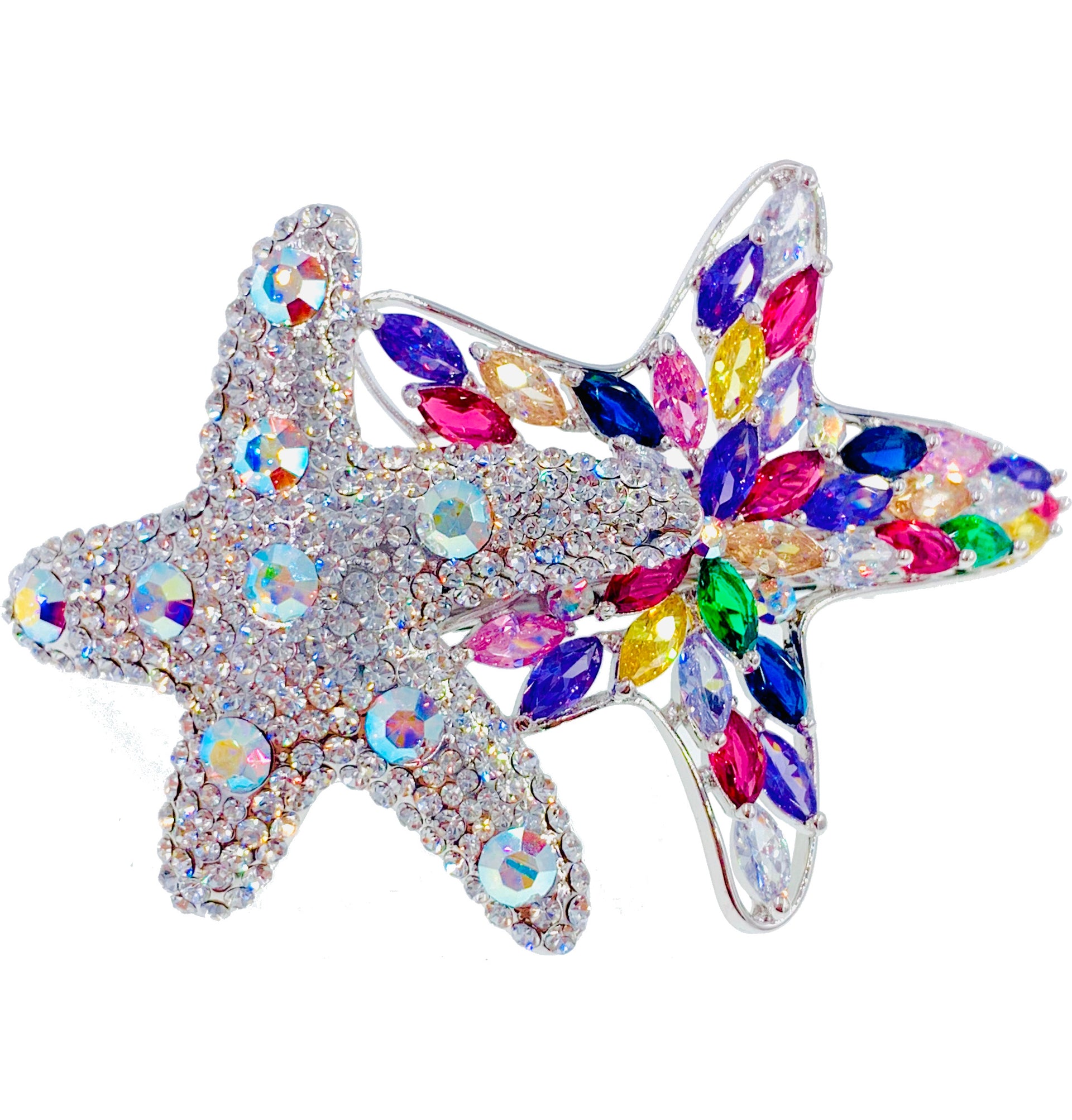 Asterina Duo Starfish Sea Star Barrette use Swarovski Crystal silver base, Barrette - MOGHANT