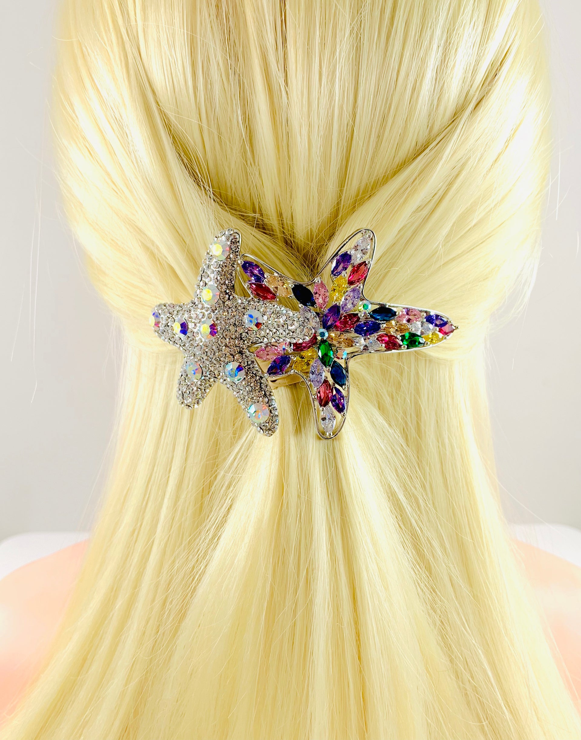 Asterina Duo Starfish Sea Star Barrette use Swarovski Crystal silver base, Barrette - MOGHANT