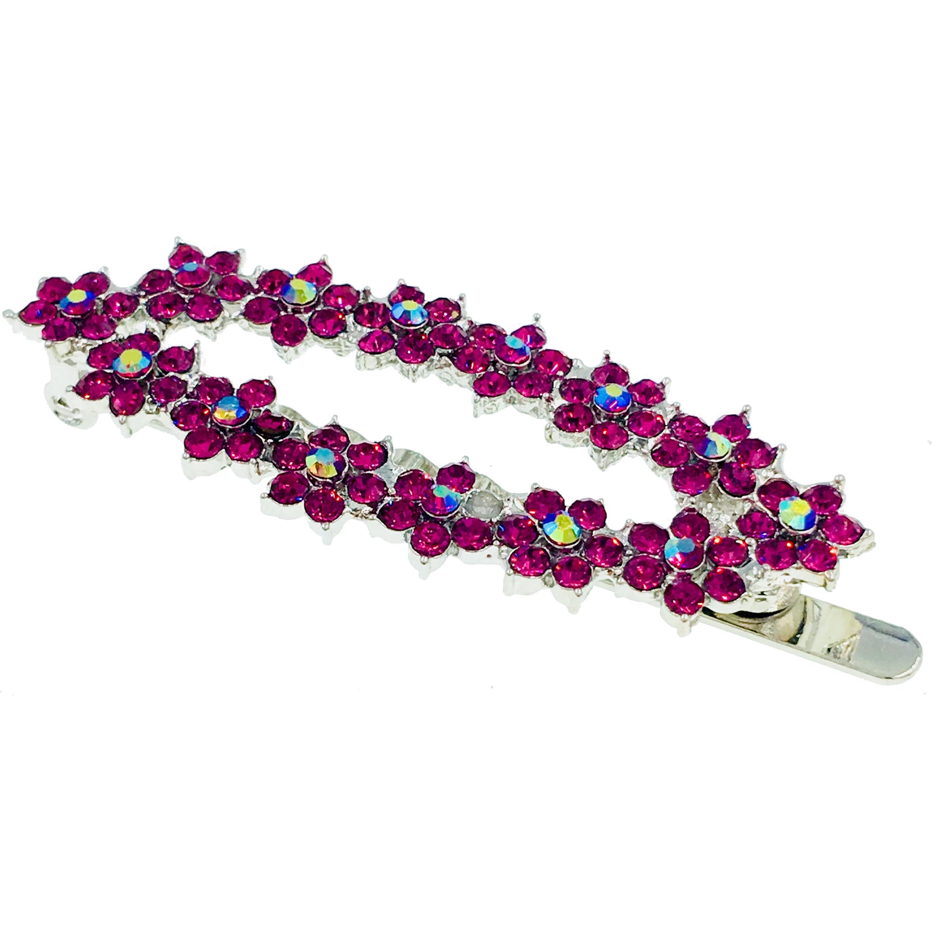 Elongated Oval Bouquet Magnetic Hair Clip Rhinestone Crystal silver base Pink Red Purple Blue Green Gray Black Brown, Magnetic Clip - MOGHANT