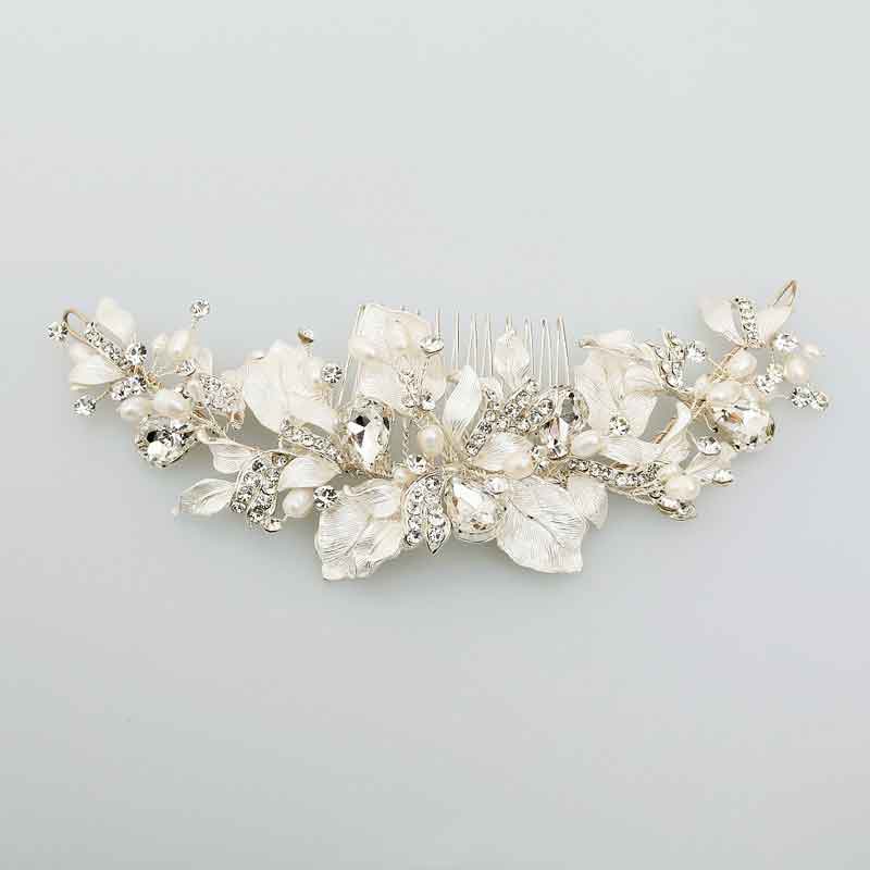 Queenie Silver Handmade Wedding Bridal Hair Clip Austrian Crystals Pearl