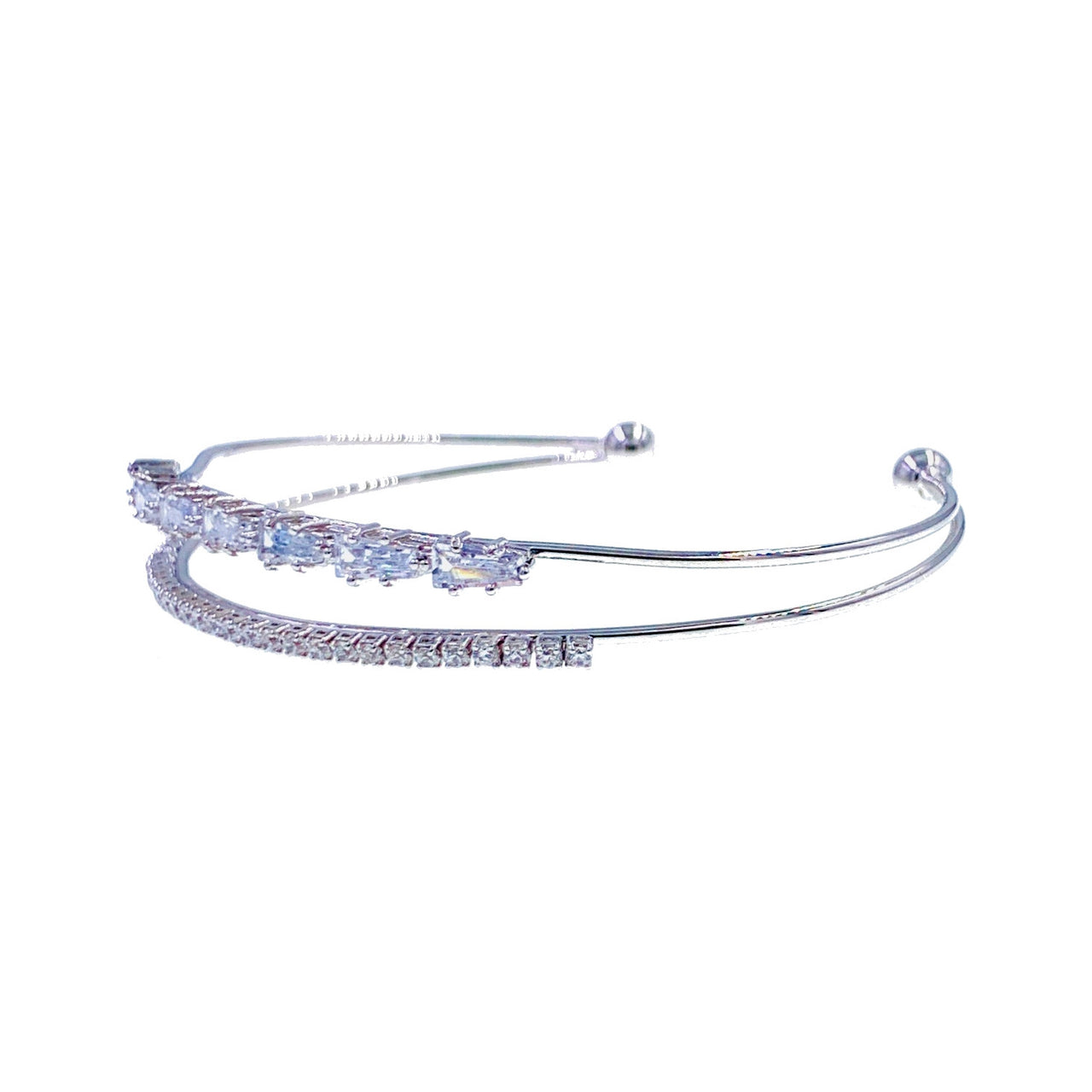 Nâdiya Cubic Zirconia Double Open Wrist Cuff Bangle Bracelet Silver, Bracelet Bangle Cuff - MOGHANT