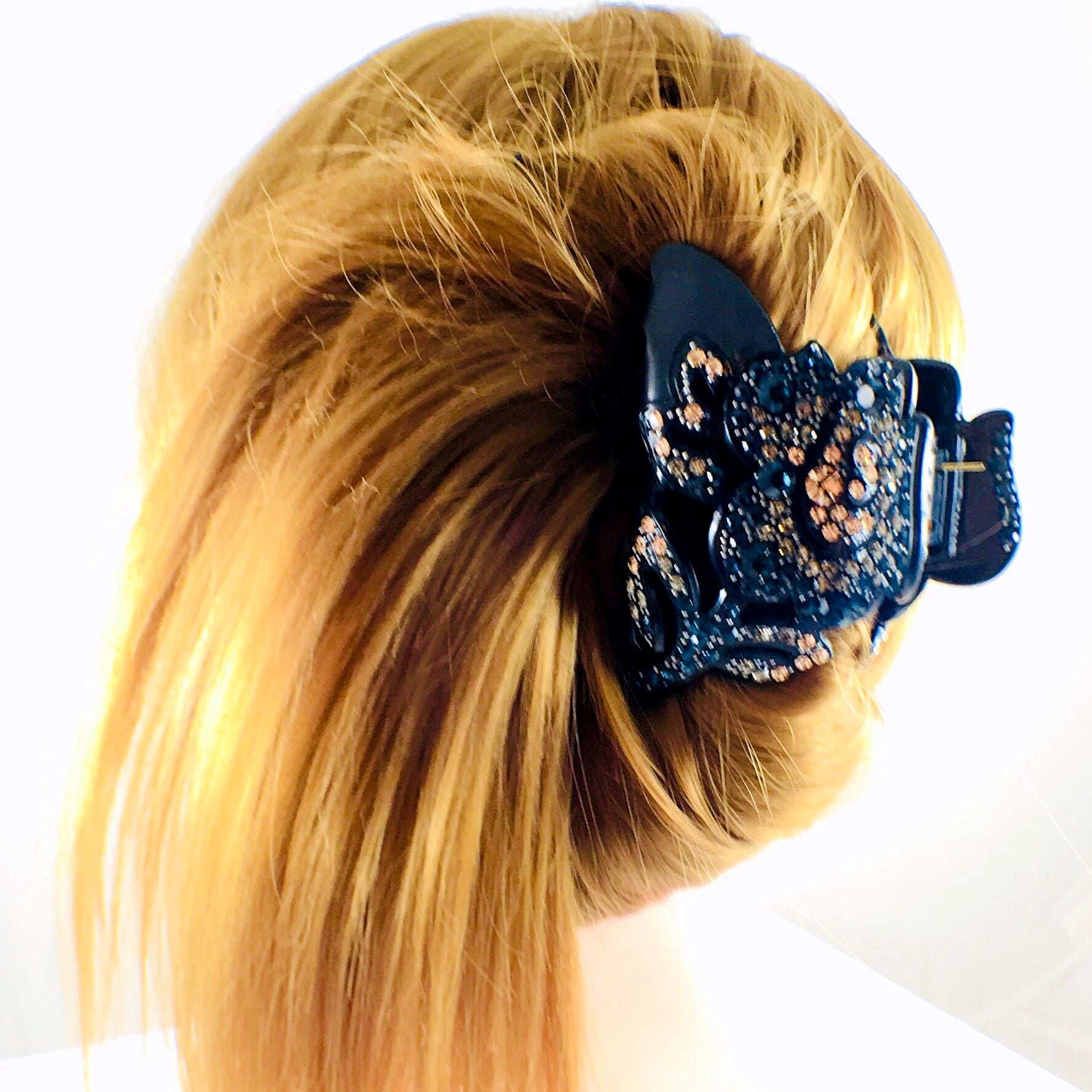 Blooming Rose Hair Claw Jaw Clip Handmade use Swarovski Crystal acrylic base Navy Blue, Hair Claw - MOGHANT