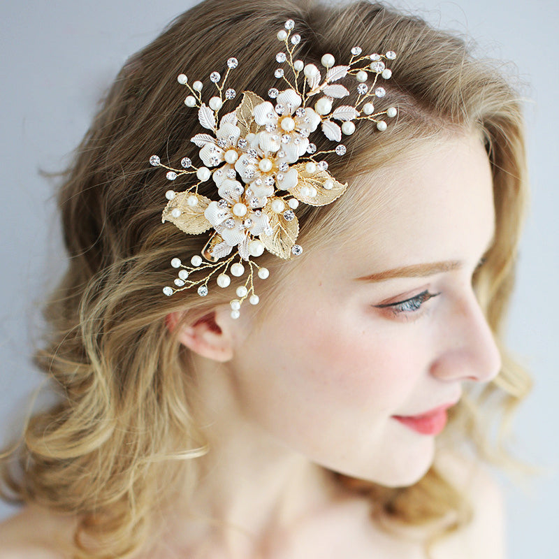 Gioffreda Flower Wedding Hair Clip Comb Handmade with Austrian Crystals and Pearls Gold