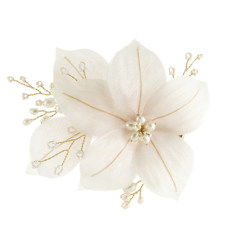 Ilaria Fabric Flower Wedding Hair Clip Comb Handmade with Pearls Gold