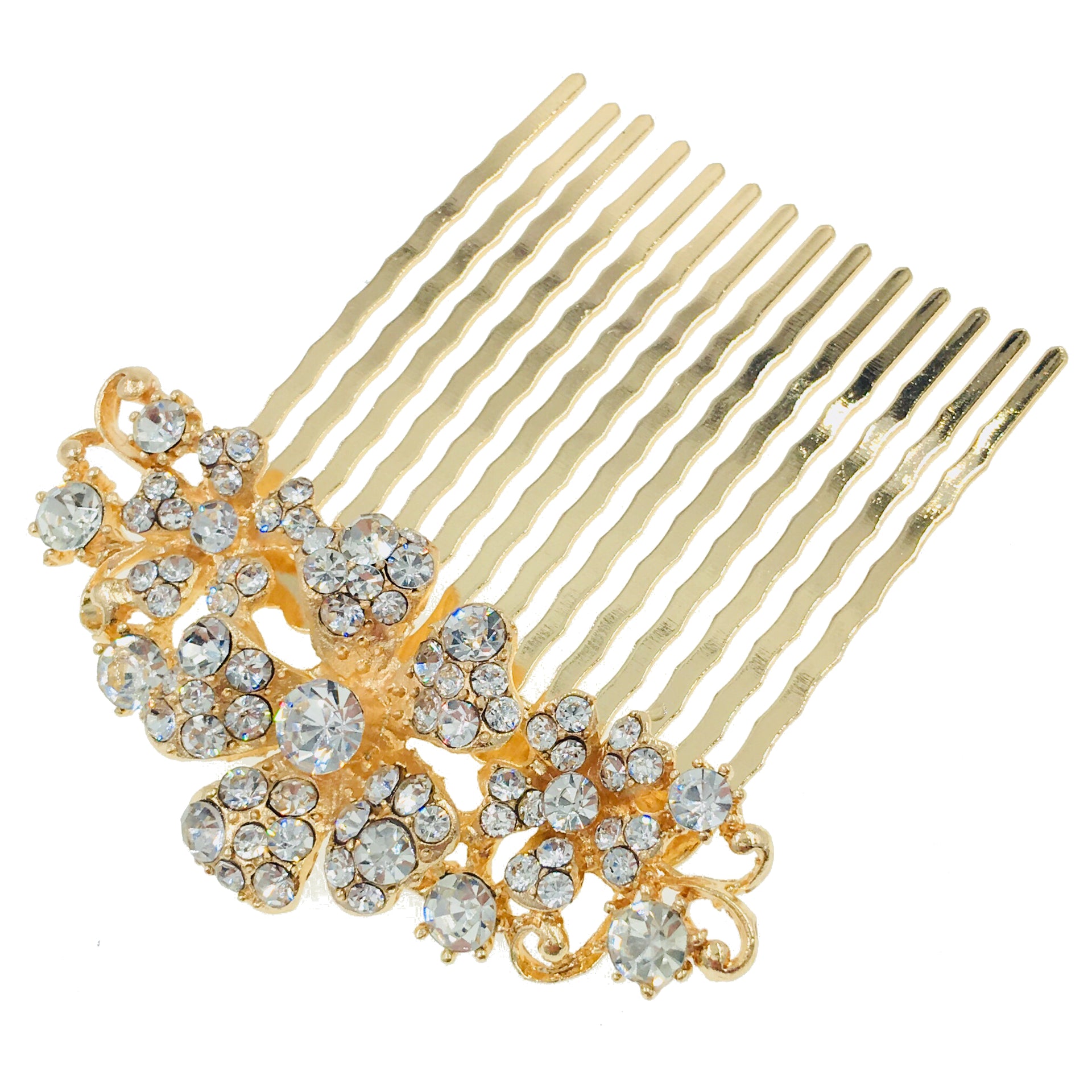Leadwort Flower Cluster Hair Comb Swarovski Crystal gold base Clear, Hair Comb - MOGHANT