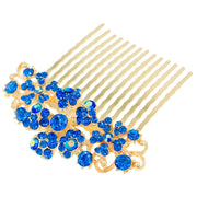 Leadwort Flower Cluster Hair Comb Swarovski Crystal gold base Blue, Hair Comb - MOGHANT