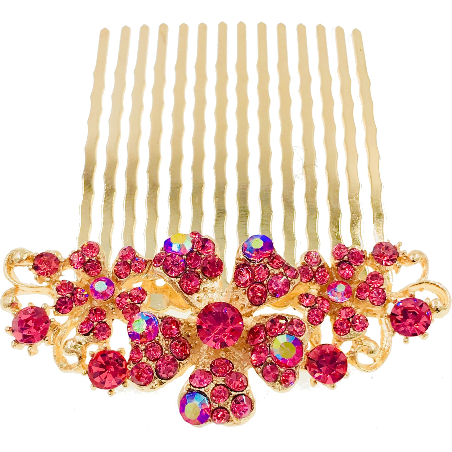 Leadwort Flower Cluster Hair Comb Swarovski Crystal gold base Rose Pink, Hair Comb - MOGHANT