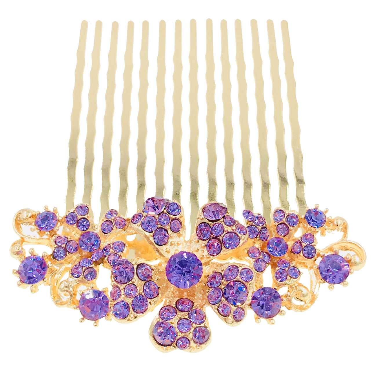 Leadwort Flower Cluster Hair Comb Swarovski Crystal gold base Purple, Hair Comb - MOGHANT