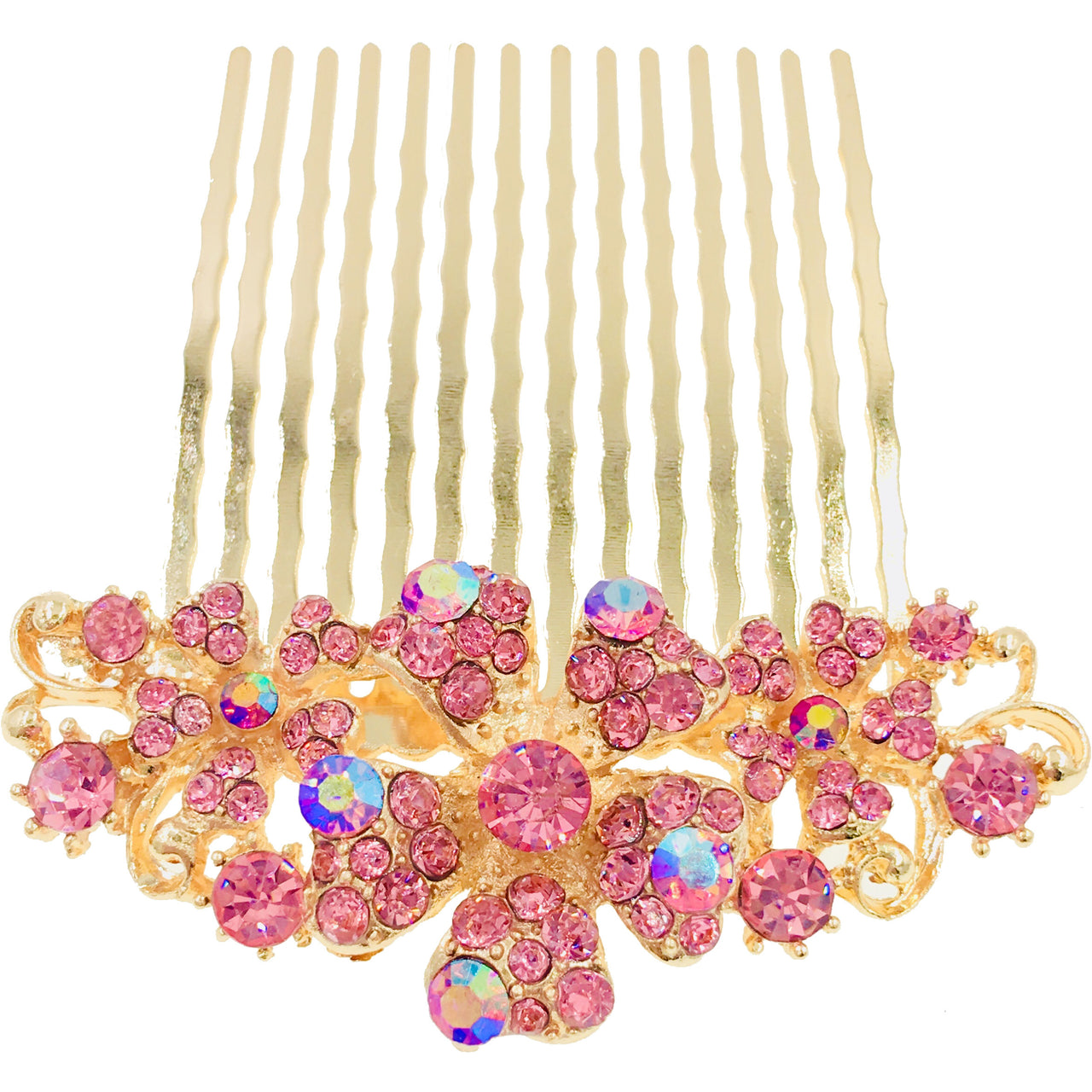 Leadwort Flower Cluster Hair Comb Swarovski Crystal gold base Pink, Hair Comb - MOGHANT