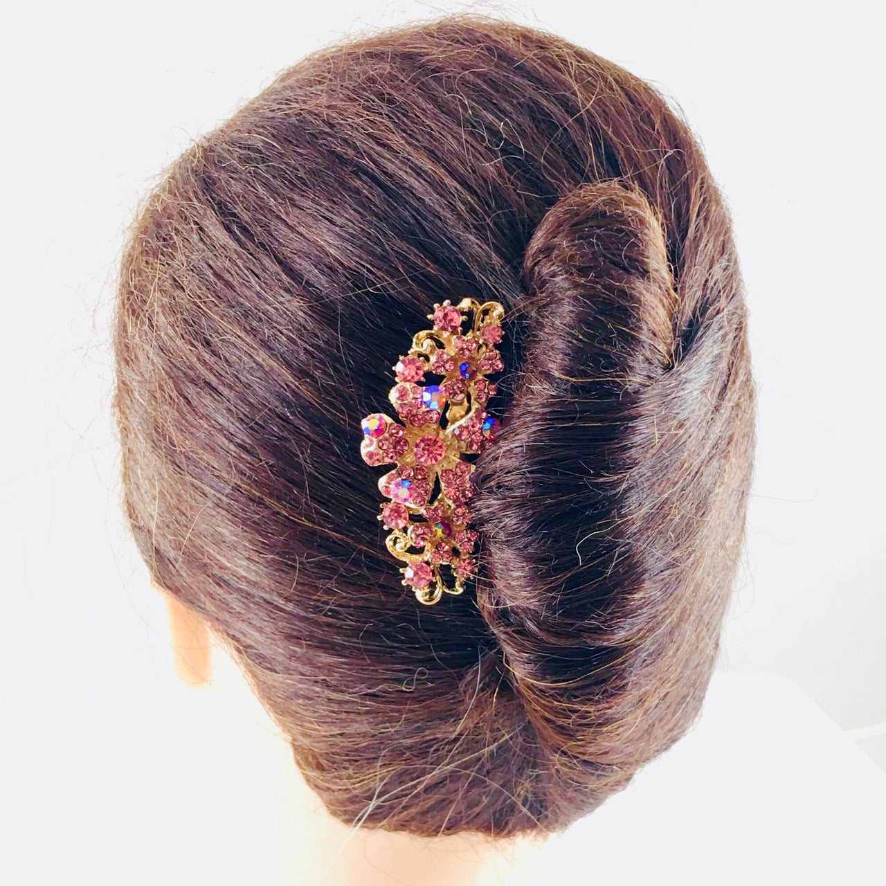 Leadwort Flower Cluster Hair Comb Swarovski Crystal gold base Pink, Hair Comb - MOGHANT