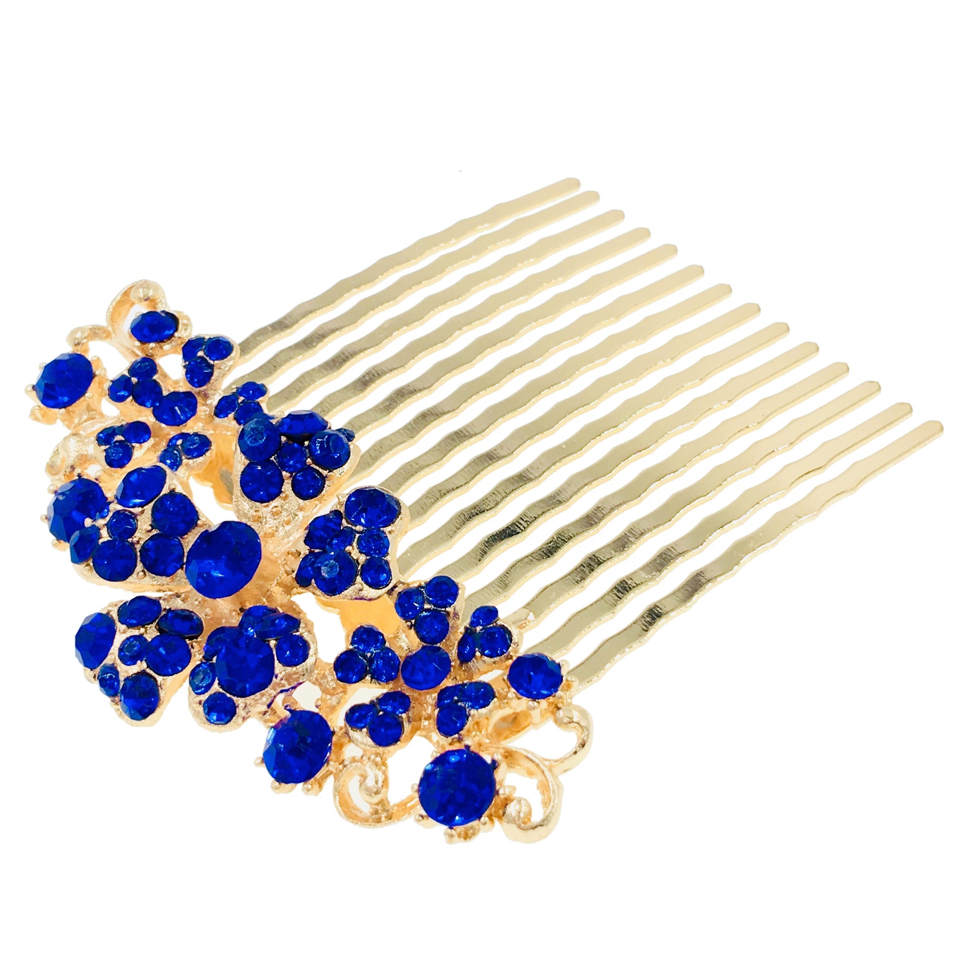 Leadwort Flower Cluster Hair Comb Swarovski Crystal gold base Navy Blue, Hair Comb - MOGHANT