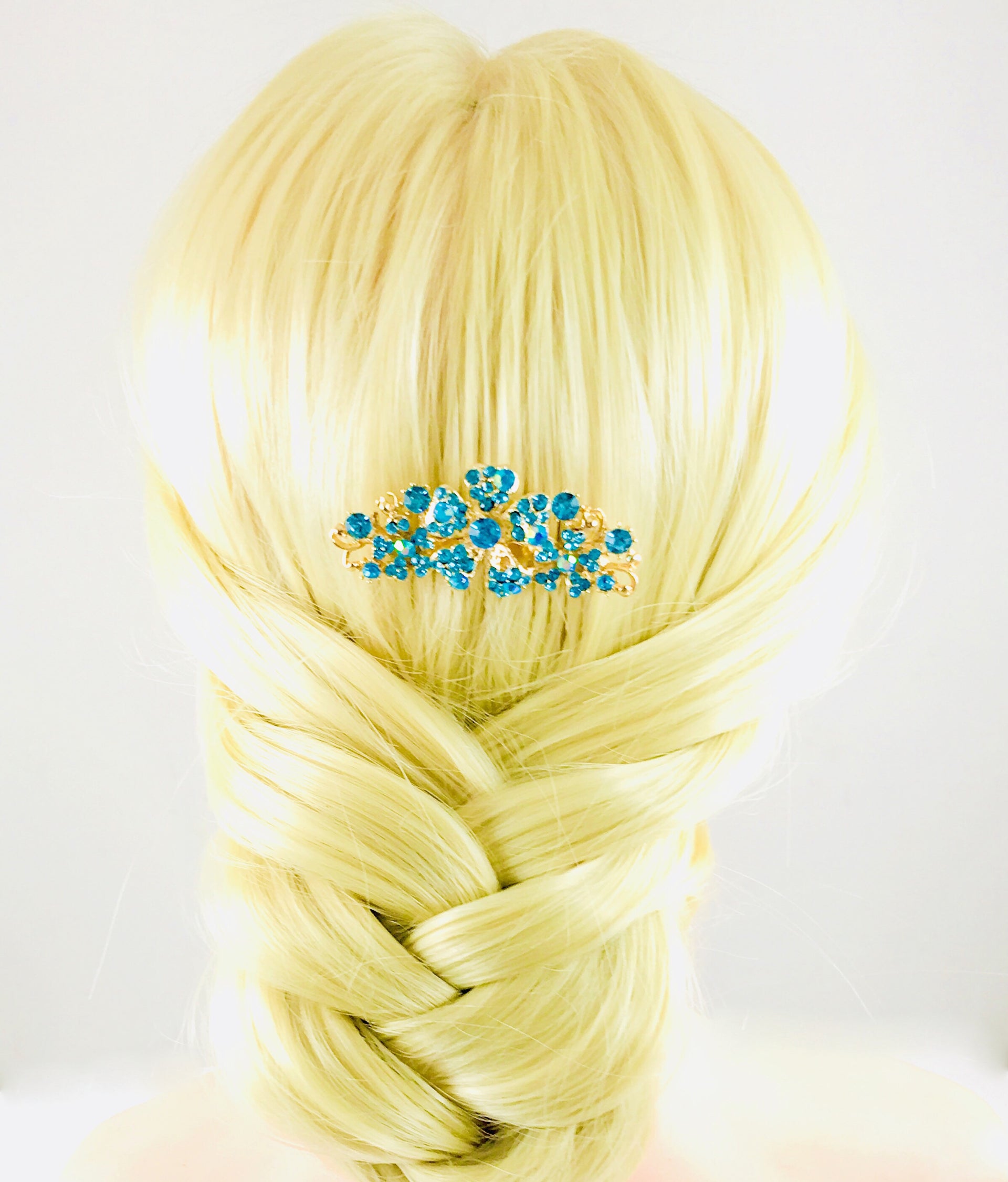 Leadwort Flower Cluster Hair Comb Swarovski Crystal gold base Light Blue Cerulean, Hair Comb - MOGHANT