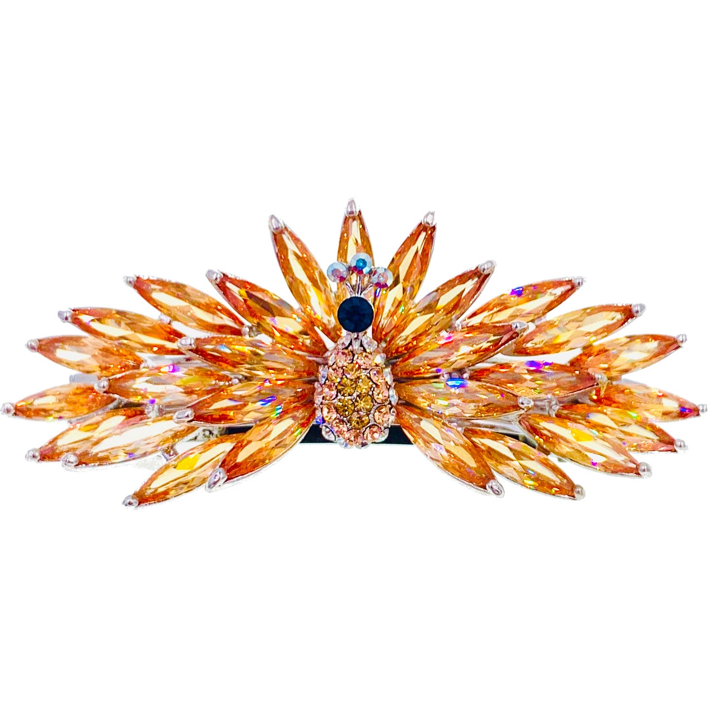 Capucine Peacock Barrette Cubic Zirconia CZ Crystal silver base clear purple navy blue, Barrette - MOGHANT