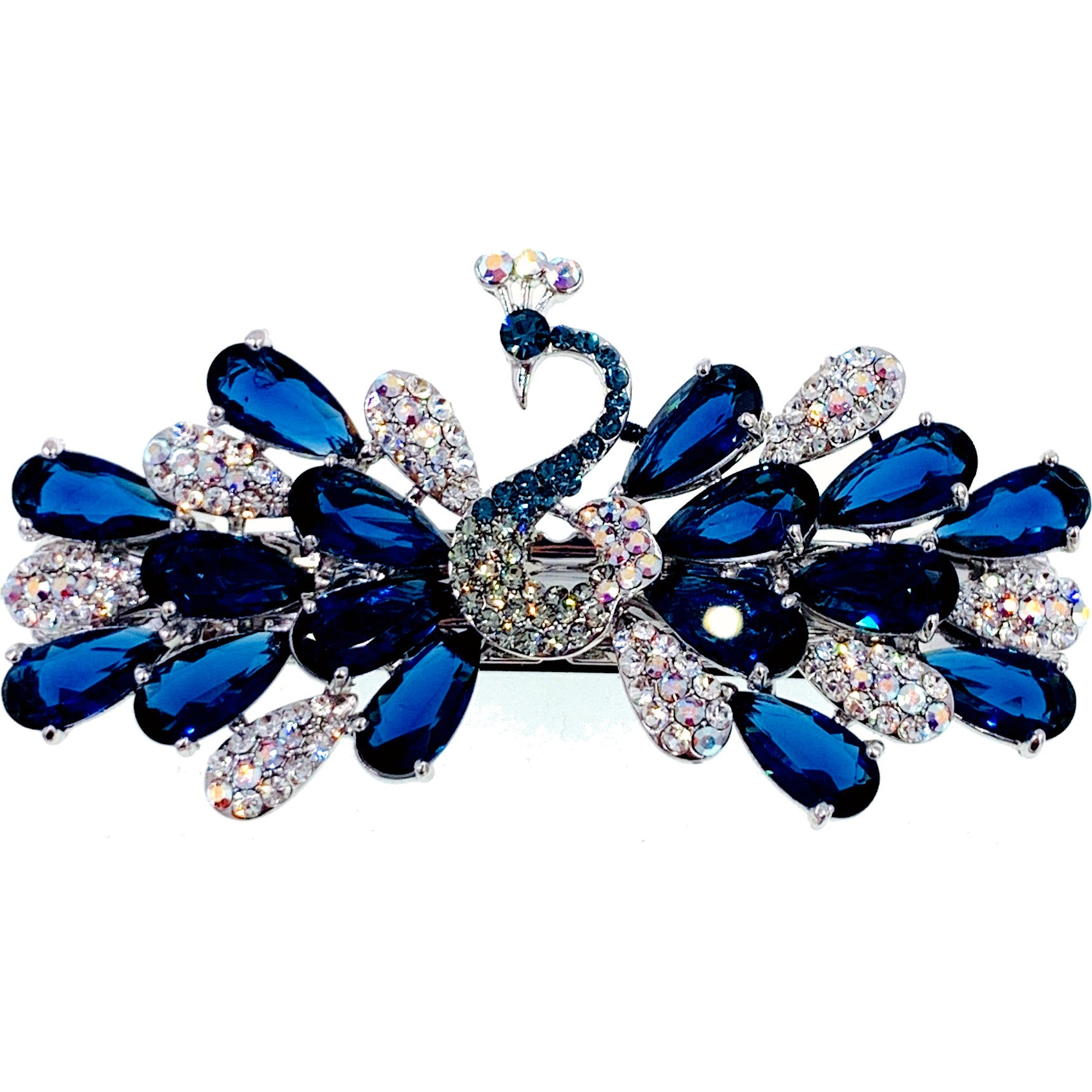 Faustine Peacock Barrette Cubic Zirconia CZ Crystal silver base clear purple pink navy blue, Barrette - MOGHANT