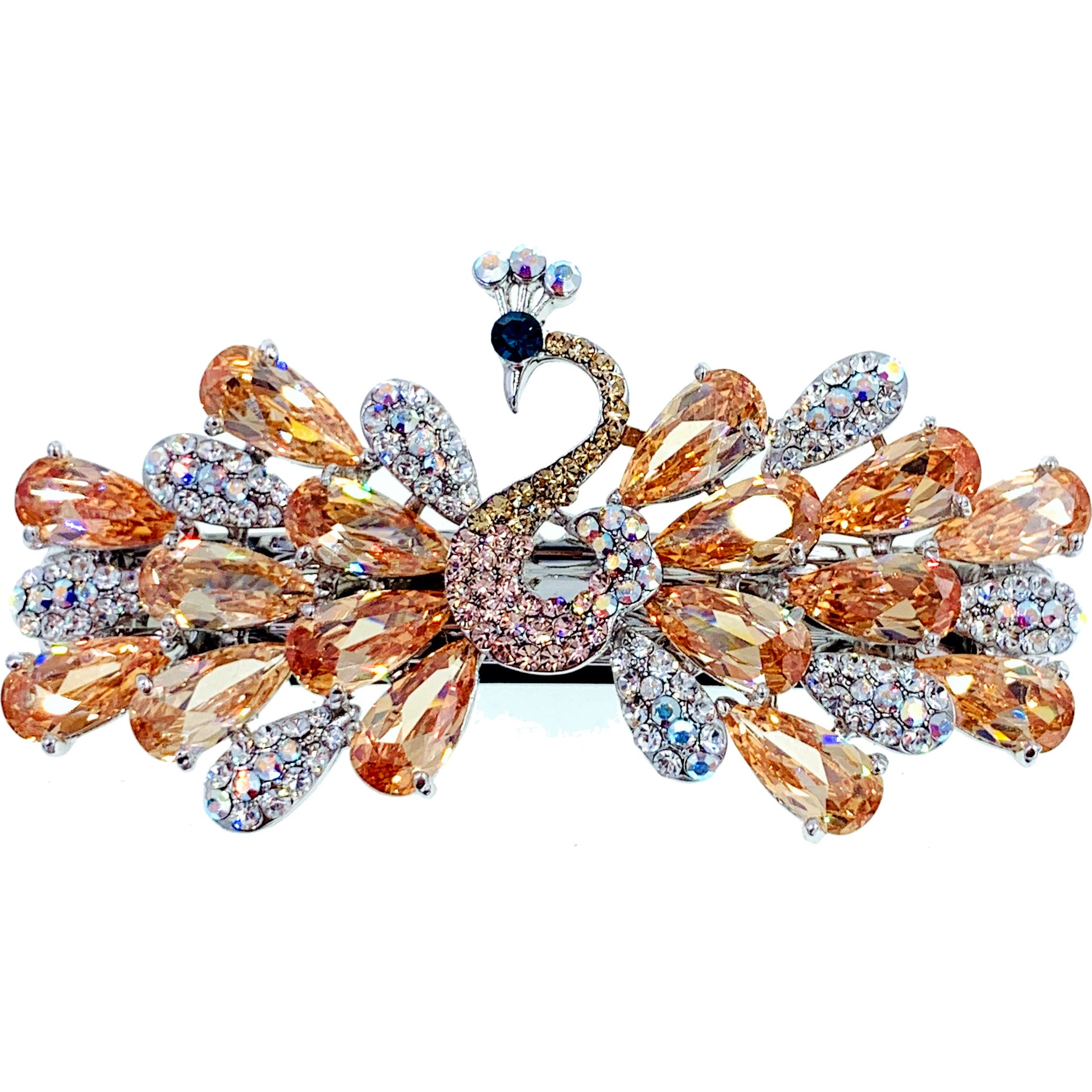 Faustine Peacock Barrette Cubic Zirconia CZ Crystal silver base clear purple pink navy blue, Barrette - MOGHANT